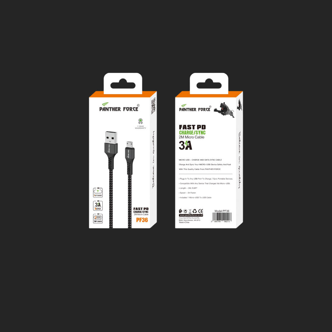 PF36- Panther Force 3A 2M Cable for Micro - Fast Charging and Data Transfer PF36- Panther Force 3A 2M Cable for Micro - Fast Charging and Data Transfer